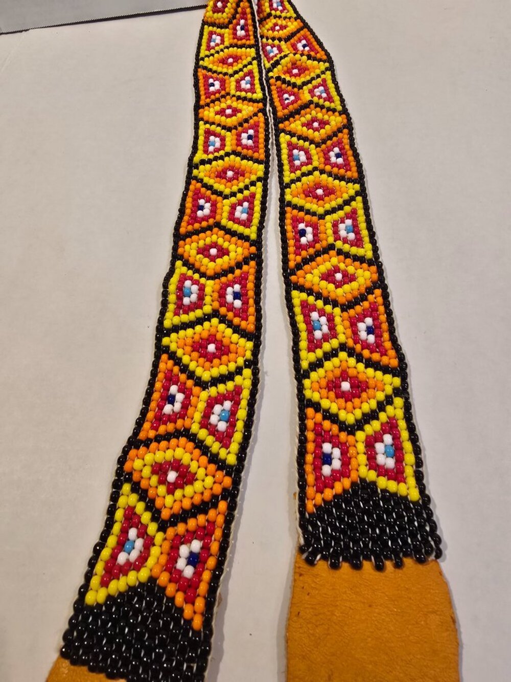 Beaded Tie-on Belt Native American-style Geometric Pattern Leather Hand-made 65"